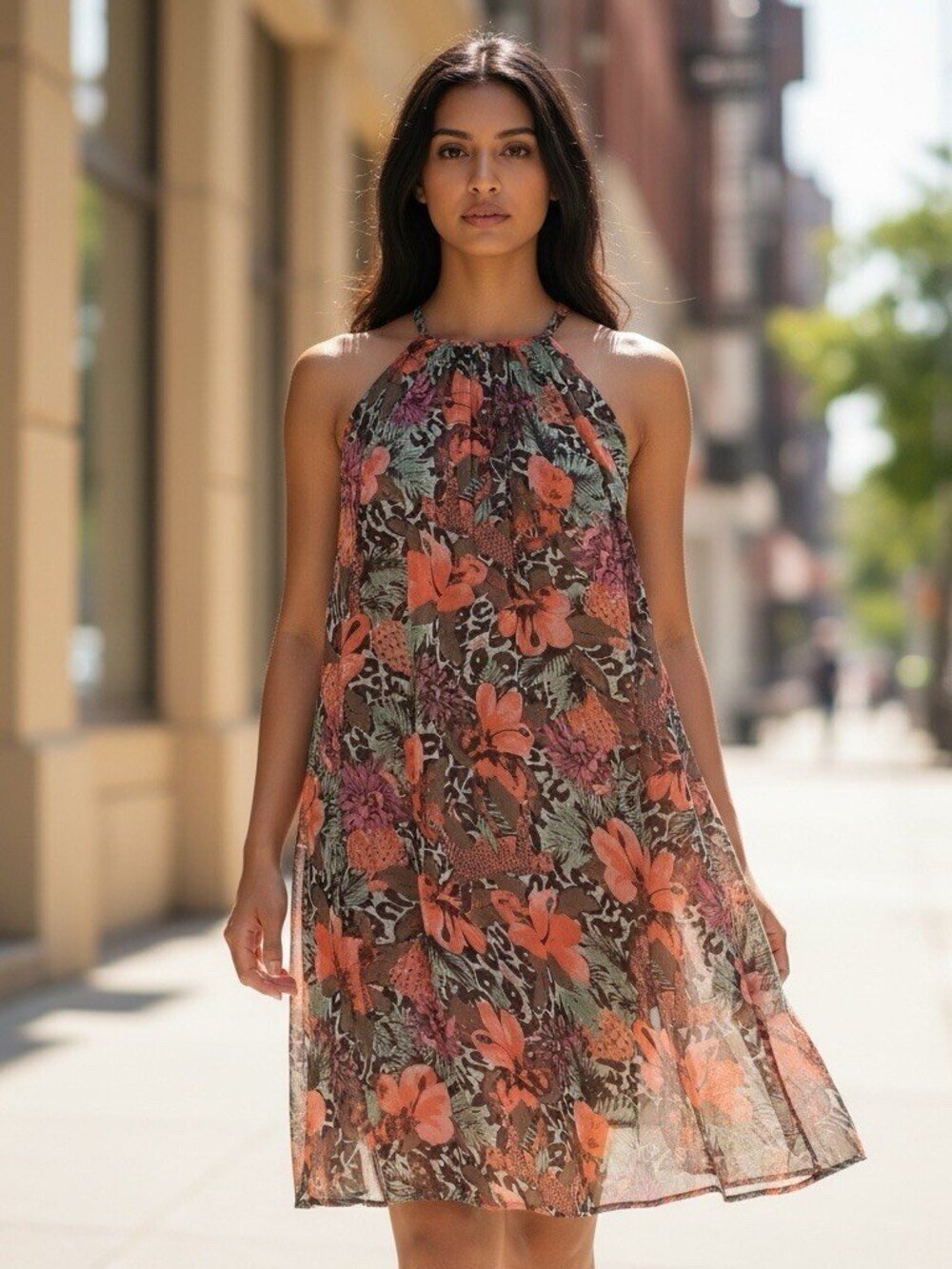 H&M Sz M Sheer Chiffon Floral Cheetah Sleeveless Halter Dress Swim Suit Cover Up